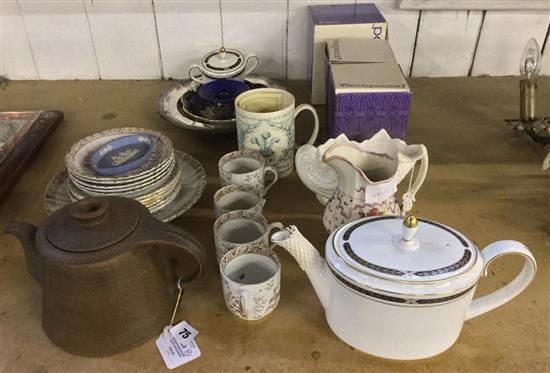 Modern Danish bronze-glazed earthenware teapot & a blue glass candle holder, both signed (faults)